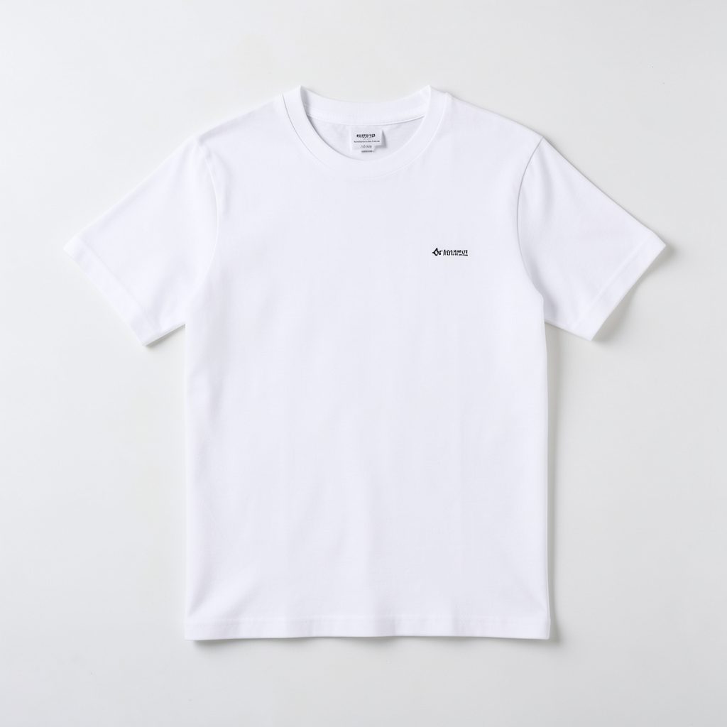 White short-sleeve t-shirt with minimal branding, clean and bright on light surface