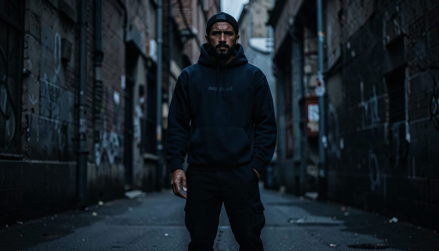 Dark atmospheric streetwear scene with deep navy and charcoal tones, moody urban backdrop
