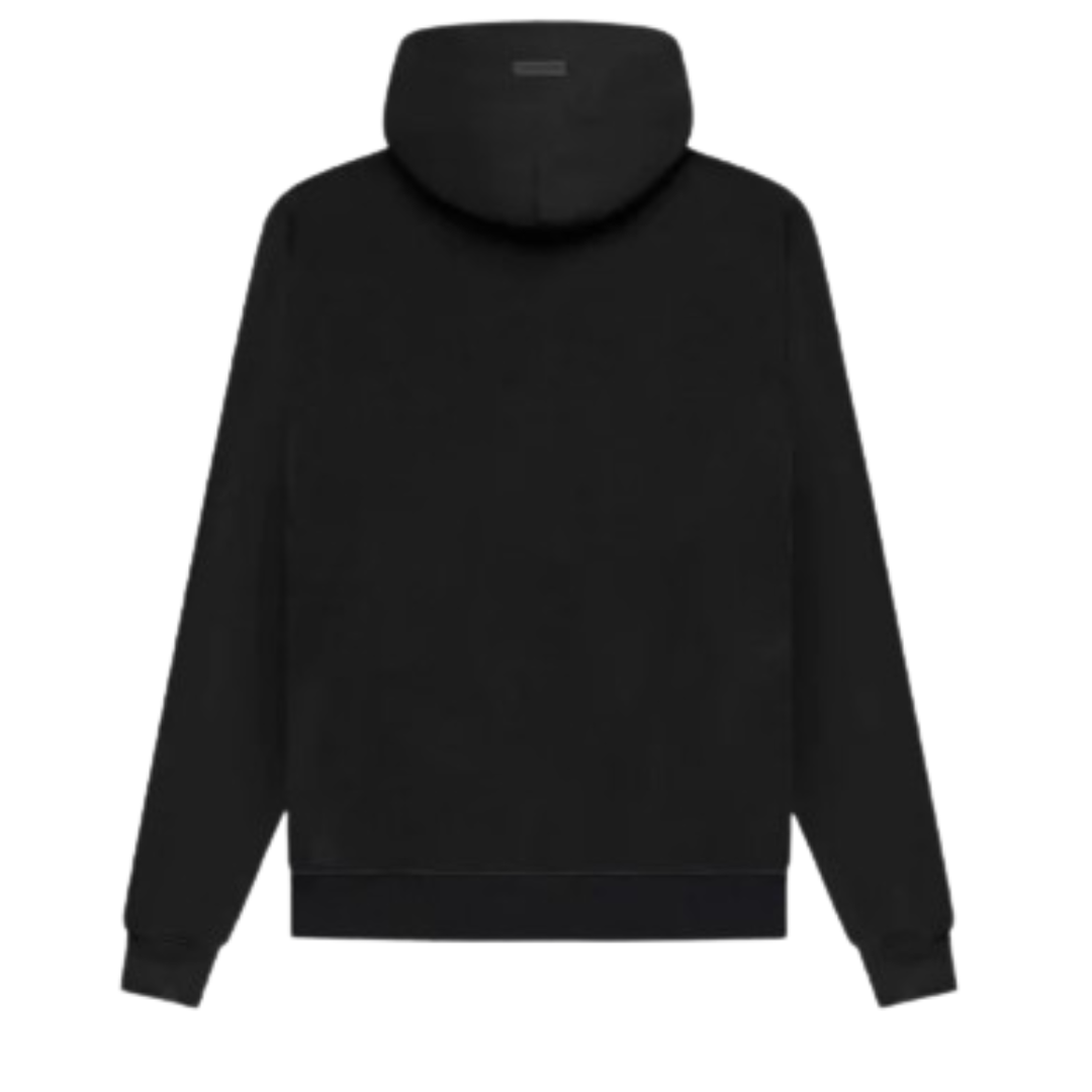 Black hoodie back view on white background, clean streetwear silhouette