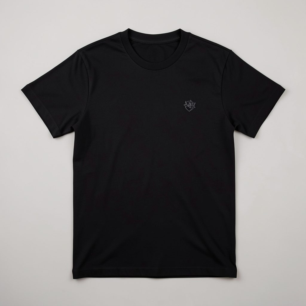 Black hoodie with subtle chest logo, laid flat on neutral background