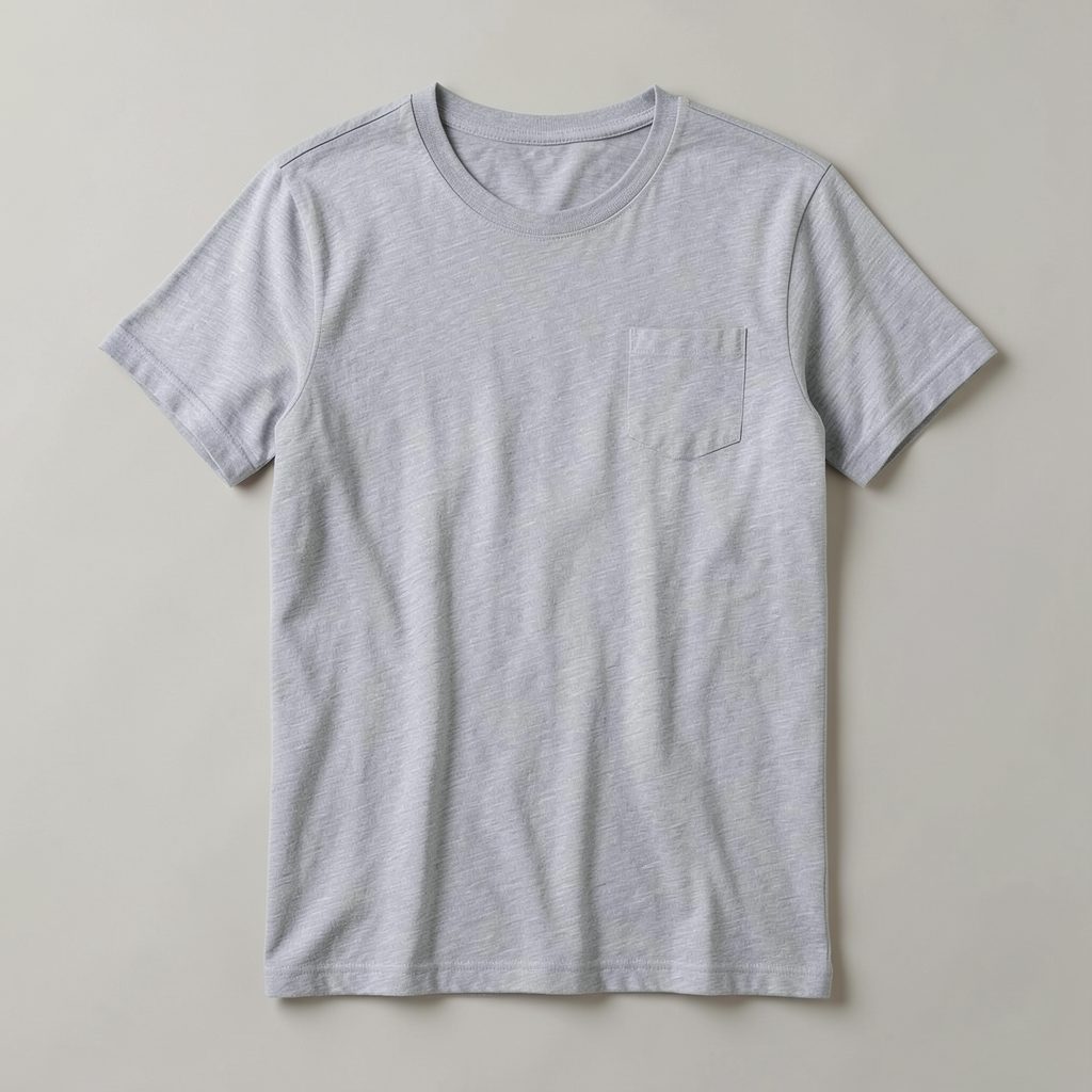 Light gray heathered t-shirt with chest pocket, laid flat on neutral background
